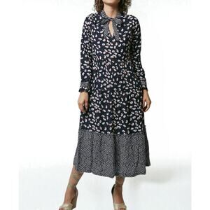 Ana Camila Floral Midi Dress Size Small Tiered Cottage Preppy V Neck Long Sleeve